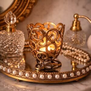 Vintage Brass Filigree Votive Candle Holder, Hollywood Regency Candle Cup